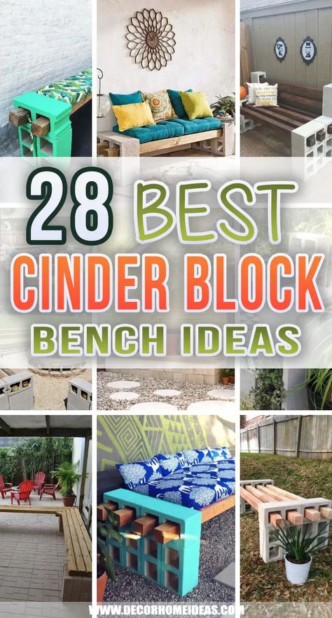 Diy Outdoor Furniture Cinder Block, Diy Patio Bench Cinder Block, Outdoor Cinder Block Bench, Bench With Cinder Blocks And Wood, Bench Made With Cinder Blocks, Bench Made Out Of Cinder Blocks, Diy Yard Seating, Ideas For Cement Blocks, Concrete Block Patio Furniture