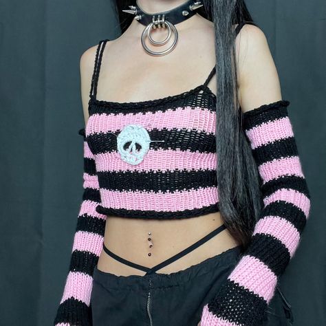 Available on my depop🥀 knitted crochet gothic alternative emo grunge aesthetic halloween fairy fairycore festival rave handmade cami long arm warmers thumb holes safety pin Crochet Emo Clothes, Crocheted Arm Warmers, Grudge Crochet, Goth Crochet Top Pattern Free, Grunge Crochet Clothes, Crochet Punk Clothes, Crochet Top Grunge, Punk Rock Crochet, Alt Crochet Top