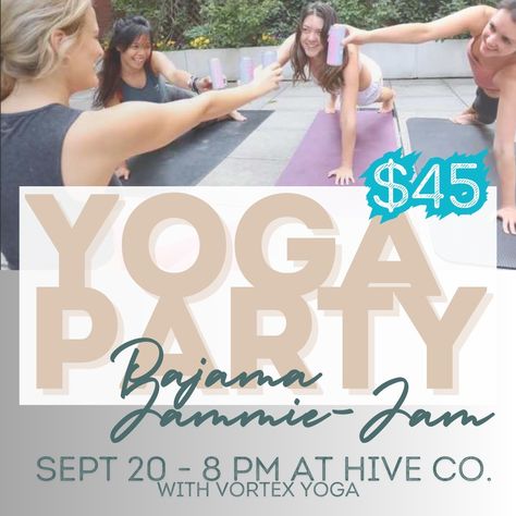 Excited to kick off Fall yoga season at Hive! We are partnering with some lovely, lovely humans to bring some unique and inspiring options for connecting more deeply with yourself and others (and dare we say, fun!). Next up, check out this fun "Pajammie Jammie-Jam" yoga party with @yoga_vortex on Friday, September 20th at 8 PM. What is a Yoga Party? Yoga with a "twist"! A yoga flow mixed with games, connecting with our fellow yogis, and most importantly, laughing! There will be an offering ... Yoga Themed Party, Yoga Party, Yoga Flow, Yoga Class, Party Themes, Twist, Yoga, Bring It On, Human