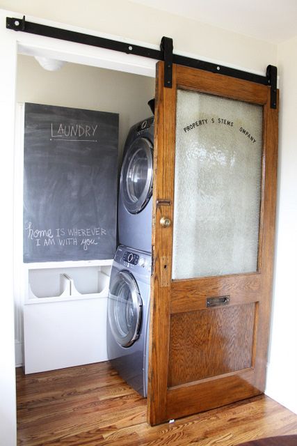 I love this laundry room!  I love that it's easily hidden with a GORGEOUS sliding door!! Indoor Sliding Doors, Laundry Nook, House Contemporary, Contemporary Closet, Inside House, Doors Sliding, Small Laundry, Laundry Room Storage, Laundry Mud Room