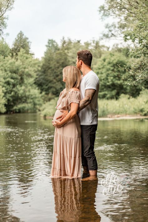 Guelph Lakes, Guelph Ontario Maternity Session Maternity Photoshoot In Creek, Stream Maternity Pictures, Maternity By Water, Creek Maternity Pictures In Jeans, Maternity Photo Shoot River, Maternity Photos In Creek, Riverside Maternity Photos, Canoe Maternity Pictures, Water Maternity Photography