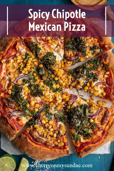 Straying away from the usual to create this epic spicy chipotle Mexican pizza. Topped with corn, kale, and the best chipotle pizza sauce. #pizzarecipe #mexicanfood #vegetarianrecipe #pizzaideas Vegan African Recipes, Pizza Party Ideas, Vegan Halloween Recipes, Halloween Dinner Ideas, Adobe Sauce, Sourdough Pizza Dough, Recipes To Feed A Crowd, Spicy Steak, Recipes African