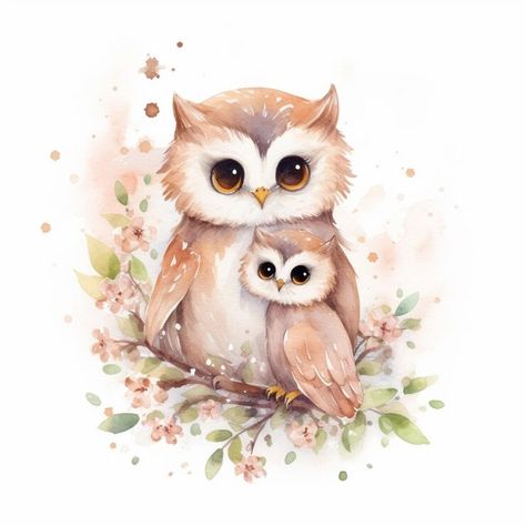 Premium AI Image | there is a watercolor painting of an owl and its baby generative ai Cute Owls Clipart, Baby Owl Drawing, Cute Owl Painting, Staircase Mural, Cute Owl Art, Owl Watercolor, Popular Paintings, Watercolor Birds, Owl Illustration