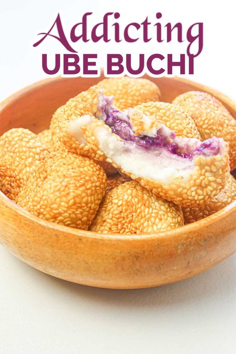 some ube buchi served in a wooden bowl Buchi Recipe, Ube Dessert Recipe, Glutinous Rice Balls, Ube Halaya, Sesame Balls, Filipino Dessert Recipes, Pinoy Dessert, Ube Recipes, Filipino Food Dessert