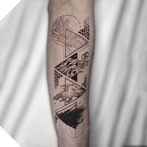 4 Elements Tattoo Geometric, Four Elements Tattoo Ideas, 4 Elements Tattoo Design, Geometric Elements Tattoo, Triangle Tattoo Sleeve, Air And Earth Tattoo, Element Tattoos For Women, Four Elements Tattoo Design, Thalassophobia Tattoo