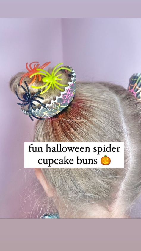 Cupcake Buns Hairstyle, Cupcake Hair Buns, Spider Cupcakes Halloween, Spirit Weeks, Cupcake Hair, Halloween Hairstyle, Spider Cupcakes, Ballet Bun, Halloween Cupcake