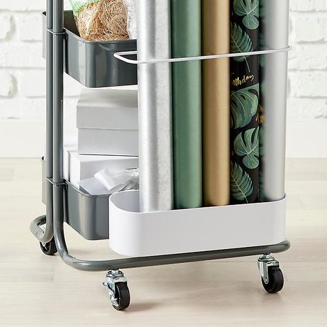 The Container Store 3-Tier Cart Gift Wrap Organizer | The Container Store Wrapping Paper Cart, Utility Cart Organization, Gift Wrapping Cart, Wrapping Station Ideas, Rolling Cart Organization, Gift Wrap Cart, Gift Wrap Station, Wrapping Paper Station, Rolling Craft Cart