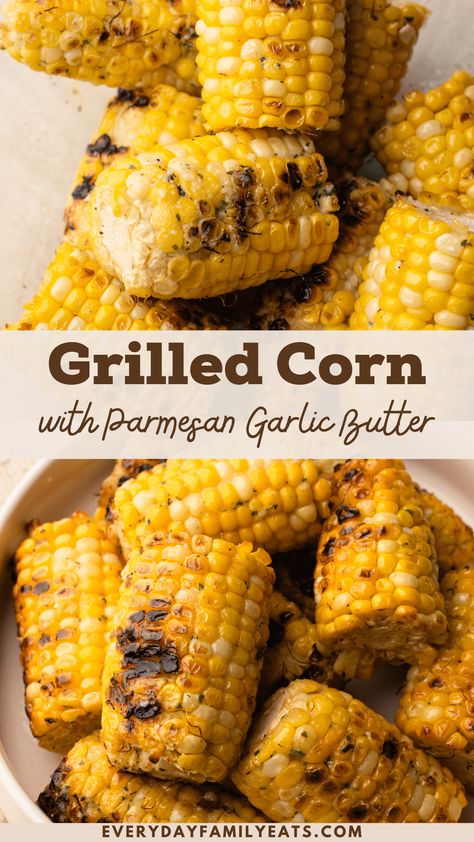 Grilled corn is great, but Parmesan Garlic Butter Grilled Corn is even better. Make homemade garlic butter (or use store-bought) with parmesan and herbs to create a side dish everyone is going to love. Garlic Parmesan Corn, Parmesan Corn, Garlic Corn, Corn Succotash, Homemade Garlic Butter, Greek Chicken Salad, Corn Pasta, Sausage Bake, Cilantro Sauce