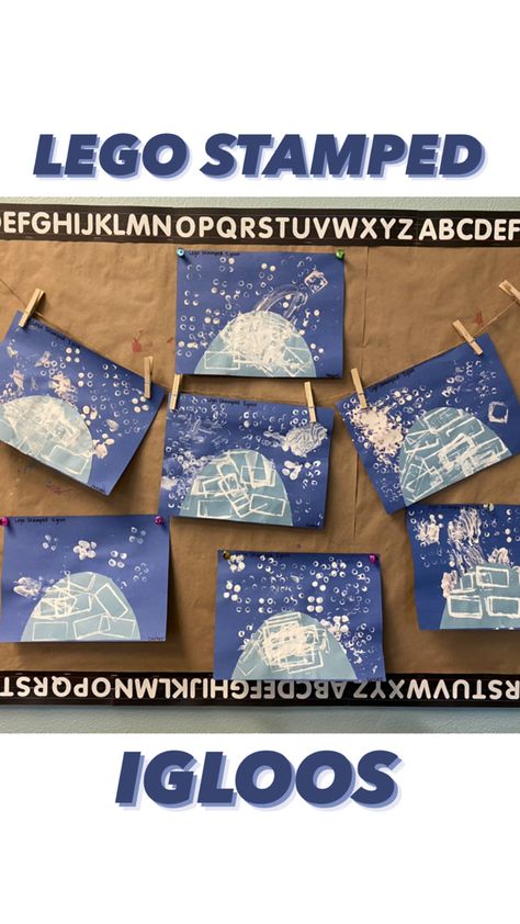 Lego Igloo Painting, Igloo Stamp Art, Preschool Artic Activities, Snow Themed Art For Toddlers, In The Winter Preschool Activities, Winter Around The World Preschool, Process Winter Art For Preschool, Igloo Art For Toddlers, Antarctica Preschool Activities