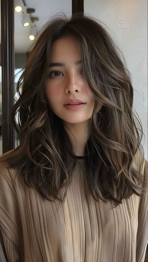 Hair Style 2024 Girl Medium, Light Brown Layered Hair Medium, Wavy Girl Haircut, Medium Hair Styles Aesthetic, Medium Skin Hair Color Ideas, Long Layers For Short Hair, Hairstyles For Medium Length Hair Asian, Best Hair Colour, Ponytail For Round Face