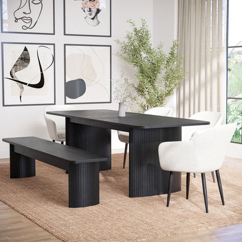 Black Rectangle Dining Table, Black Dining Bench, Boucle Chairs, Boucle Dining Chairs, Table With Bench Seat, Wooden Dining Bench, Dining Table Bench Seat, Extendable Dining Table Set, Black Bench