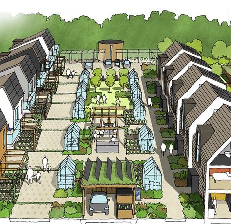 Sustainable Neighborhood Design, New Urbanism Neighborhood, Eco Village Design, Solar Punk House, Community Garden Architecture, Eco City Concept, Community Garden Design, Family Village Plans, Sustainable Urban Design