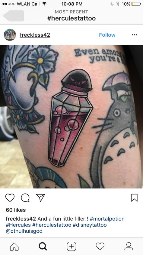 Hercules Poison Bottle Tattoo, Poison Tea Cup Tattoo, Hercules Poison Bottle, Hades Tattoo Disney, Hercules Disney Tattoo, Disney Traditional Tattoo, Disney Hercules Tattoo, Hercules Tattoos, Ferngully Tattoo