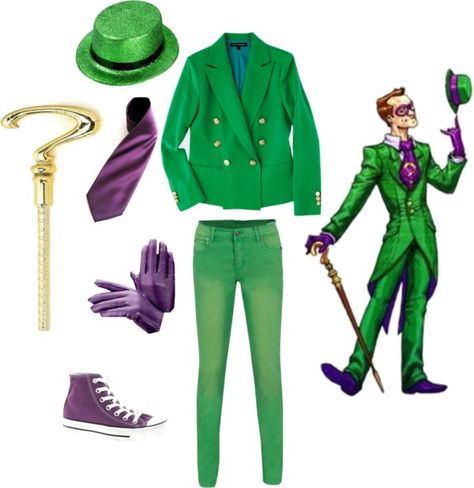 "Riddler" by kurtifer on Polyvore                                                                                                                                                                                 More Riddler Halloween, Tomato Costume, Riddler Costume, Holloween Costumes, Chicken Costumes, Jeans Converse, The Riddler, Easy Diy Costumes, Creative Costumes