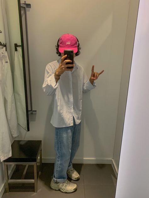 stussy cap, thrifted dress shirt, levis 501s, asics gel nandi sneakers Stussy Vest, Nike Stussy Spiridon Outfit, Stussy Cap, Vintage Stussy T Shirts, Stussy Flower Tee, Levi 501s, Stussy Basic Tee, Cap Outfit, Asics Gel