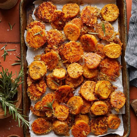 Savory Roasted Sweet Potatoes with Parmesan & Herbs - Bites with Bri Savory Garlic And Parmesan Sweet Potato Wedges, Rosemary Sweet Potatoes Roasted, Crispy Smashed Sweet Potatoes, Savory Baked Sweet Potato, Savory Roasted Sweet Potatoes, Garlic Parmesan Sweet Potatoes, Sweet Potato Appetizer, Roasted Sweet Potato Recipes, Roast Sweet Potatoes