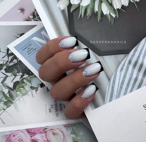 White Black French Nails, Milky White Black French Nails, Kylie Nails, January Nails, Elegant Nail Art, Get Nails, Pink Acrylic Nails, Silver Nails, Elegant Nails