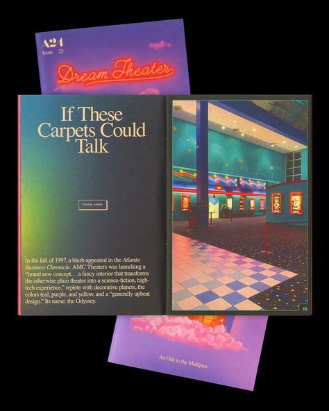 A24 zine celebrates the extravagance of old multiplexes – especially their carpets Neon Typography, Art Zine, Buch Design, Dream Theater, Zine Design, Publication Design, Book Layout, Print Magazine, Graphic Design Posters