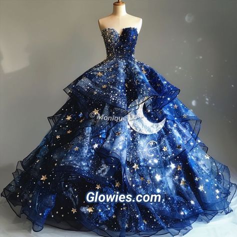 Dress Inspiration Drawing, Prom Dress Celestial, Galaxy Quinceanera Dresses, Star And Moon Dress, Celestial Wedding Dress Blue, Moon And Stars Wedding Dress, Celestial Quinceanera Dress, Celestial Dress Aesthetic, Space Dress Aesthetic