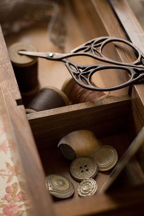 beautiful scissors Wooden Sewing Box, Vintage Sewing Box, Vintage Scissors, Vintage Sewing Notions, Blackbird Designs, Kaya Scodelario, Vintage Sewing Machines, Sewing Baskets, Vintage Inspiration