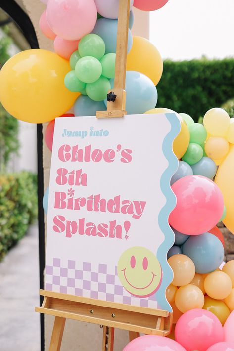 Chloe's Fun & Colorful Birthday Pool Party • Beijos Events Groovy Pool Party, Smiley Face Cookies, Smiley Face Cake, Diy Hoodies, Kids Pool Party Birthday, Groovy Smiley Face, Welcome Sign Diy, Birthday Pool Party, Pool Party Themes