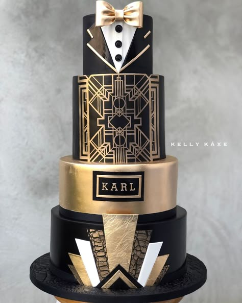 CAKE WARS WINNER on Instagram: “The Category Is... GATSBY Realness!!!😎🎩�✨ My favorite part of this cake was the gold trimmed lapels! It was actually an afterthought🙊. When…” Gatsby Cakes, Harlem Nights Cake, Gatsby Wedding Cake, Gatsby Theme Cake, Men Cakes, Gatsby Cake Ideas, Gatsby Cake Birthday, Great Gatsby Cake Ideas, Great Gatsby 40th Birthday Cake