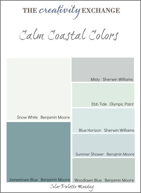 Calm Coastal Paint Colors {Color Palette Monday} Calm Coastal, Coastal Paint Colors, Coastal Paint, Beach House Tour, Spa Colors, Shore House, Small Entryways, Palette Ideas, Coastal Boho