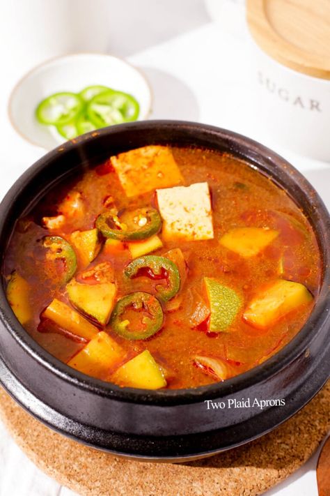 Doenjang Jjigae (Korean Soybean Paste Stew) | Two Plaid Aprons Bean Paste Stew Korean, Doenjang Jjigae Recipe, Doenjang Jjigae, Korean Stew, Jjigae Recipe, Doenjang Recipe, Asian Treats, Tofu And Veggies, Korean Glass Noodles