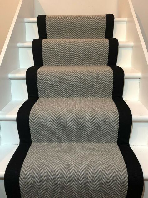 Grey Herringbone Flatweave Carpet Stair Runner with Black Taped Edge Stairs Makeover Design, Wool Stair Runner, Stairs Carpet, Entrance Hall Decor, Straight Stairs, Carpet Staircase, Hard Wearing Carpet, Hall And Stairs, Hallway Landing