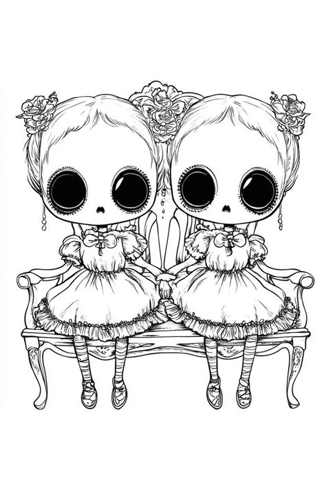 Free Adult Coloring Printables With Gothic Girls Creepy Twins, Coloring Book Pages Printables, Horror Coloring Pages, Free Coloring Printables, Dibujos Halloween, Kawaii Creepy, Free Adult Coloring Printables, Coloring Printables, Adult Colouring Printables