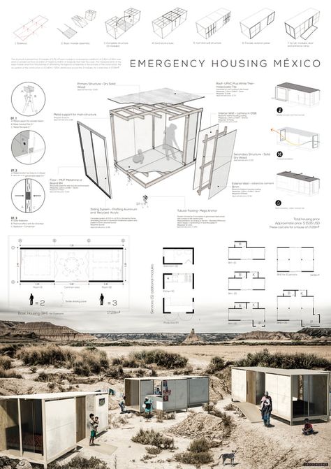 EMERGENCY HOUSING MEXICO - Architecture competition - ARCHSTORMING - ARCHITECTURE COMPETITIONS Emergency Housing Architecture, Architecture Boards, Emergency Housing, Mexico Architecture, Concept Board Architecture, Emergency House, Presentation Board Design, Unique House Plans, Modular Housing