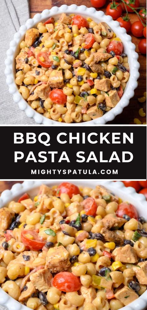 BBQ Chicken Pasta Salad – Mighty Spatula Barbecue Chicken Pasta Salad, Bbq Chicken Pasta Salad, Bbq Pasta Salad, Cozy Pasta, Banza Pasta, Bbq Chicken Pasta, Easy Bbq Chicken, Chicken Fajita Pasta, Chicken Veggies