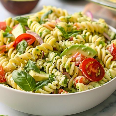 Healthy Rotini Recipes, Creamy Dressing Recipe, Creamy Avocado Pasta Salad, Parmesan Roasted Brussel Sprouts, Salad With Creamy Dressing, Avocado Recipes Pasta, Pasta Farfalle, Creamy Avocado Pasta, Feta Pasta Salad