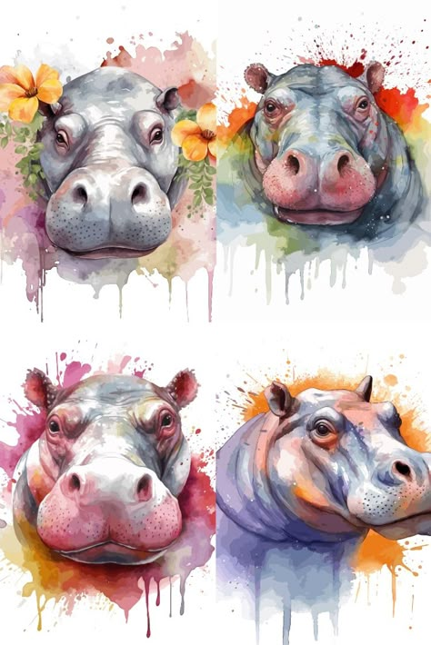 Watercolour Hippopotamus, Watercolor Hippopotamus, Hippopotamus Tattoo, Hippopotamus Art, Hippo Clipart, Hippo Watercolor, Hippo Tattoo, Hippo Drawing, Hippo Art