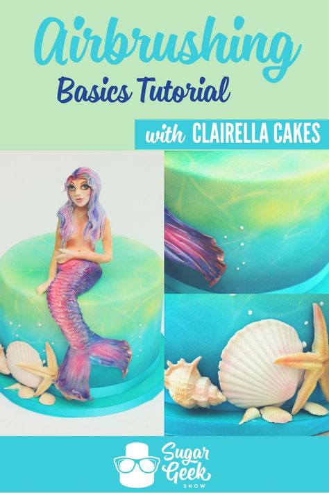 FREE tutorial on the basics of airbrushing a cake! Claire Anderson of Clairella Cakes shows us how to make a lovely meramaid themed cake with aibrushed color. Check out the blog post: https://sugargeekshow.com/news/fear-airbrush-no/ Geek Cake, Geek Recipes, Airbrushing Ideas, Airbrush Techniques, Airbrush Cake, Sugar Geek, Cake Painting, Cake Structure, Food Decorating