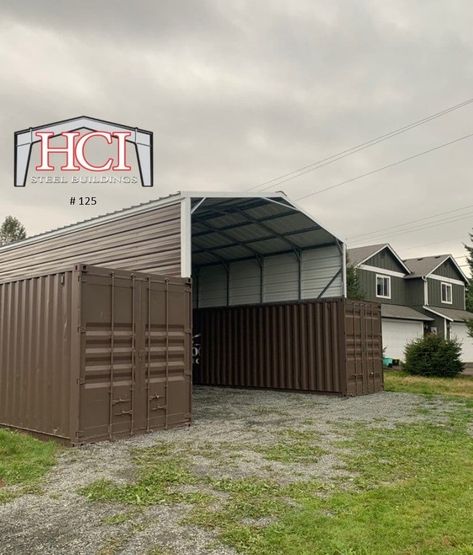 Shipping Container Covers Gallery | HCI Steel Buildings Shipping Container Shop Ideas, Shipping Container Bunker, Container Workshop Ideas, Container Shop Ideas, Shipping Container Office Ideas, Shipping Container Storage Ideas, Container Garage Ideas, Shipping Container Barn, Shipping Container Store