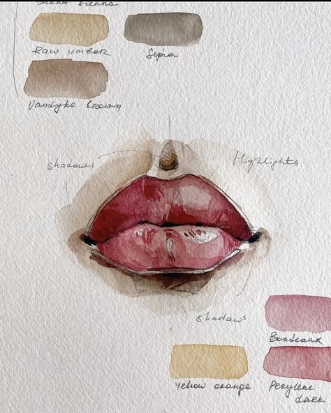 Watercolour Lips, Polina Bright, Lips Sketch, Watercolor Art Face, Watercolor Portrait Painting, Watercolor Mixing, Watercolor Painting Techniques, Painting Art Lesson, Watercolor Art Lessons