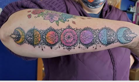 Moon Phase Chakra Tattoo, Moon Phase Sleeve Tattoo, Chakra Moon Phases Tattoo, Lunar Phases Tattoo, Chakra Tattoo Ideas Spirituality, Fold Tattoo, Rustic Tattoos For Women, Moon Phases Tattoo Designs, Chakra Tattoos