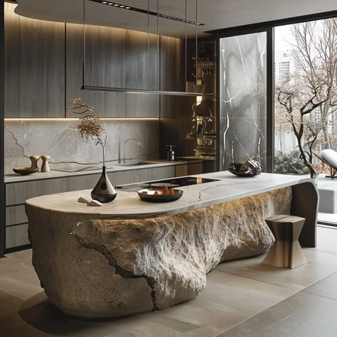 12+ Natural Island Lighting Ideas for an Organic Modern Kitchen • 333+ Inspiring Lifestyle Ideas Marble Table Kitchen, Brutalist Kitchen Design, Rock Kitchen Island, Island Marble, Stone Kitchen Island, Organic Modern Kitchen, Tiny Kitchen Design, Stone Interior, Organic Kitchen