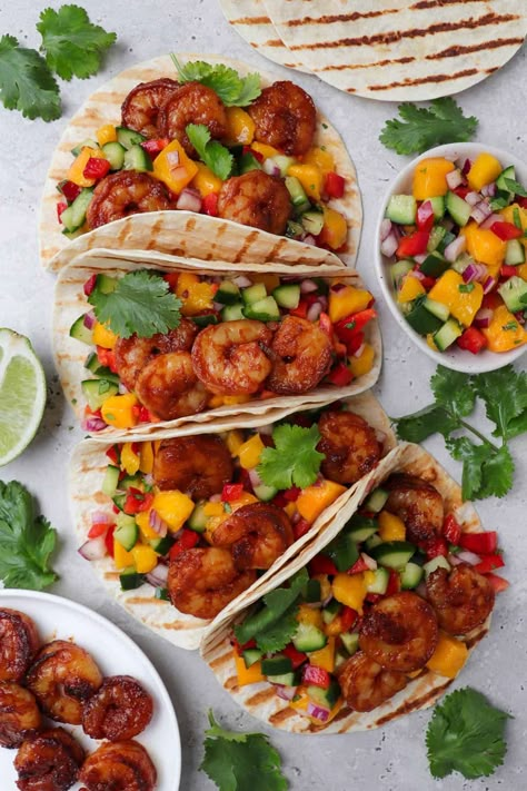 Honey Chipotle Shrimp Tacos with Mango Salsa – Goodness Avenue Honey Chipotle Shrimp, Shrimp Tacos With Mango Salsa, Chipotle Shrimp Tacos, Prawn Tacos, Tacos With Mango Salsa, Chipotle Shrimp, Cucumber Salsa, Honey Chipotle, Meatless Main Dishes