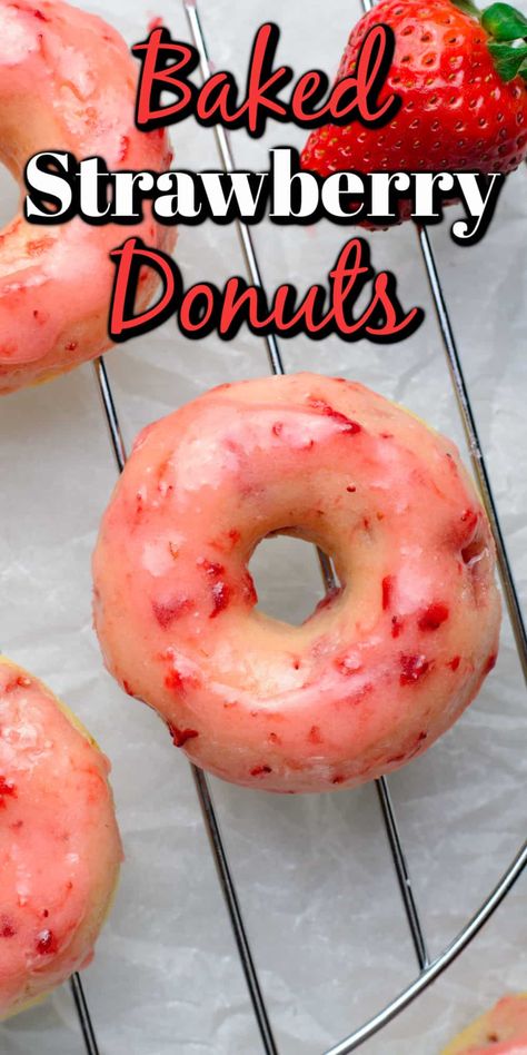 These Baked Strawberry Donuts are bursting with strawberry flavor and are a bit healthier than their fried cousins. They have a perfect sweet strawberry glaze to finish off. Strawberry Donuts Recipe, Strawberry Doughnut, Cider Donuts Recipe, Apple Cider Donuts Recipe, Baked Donut, Easy Donut Recipe, Baked Donut Recipes, Strawberry Donuts, Easy Dessert Recipes