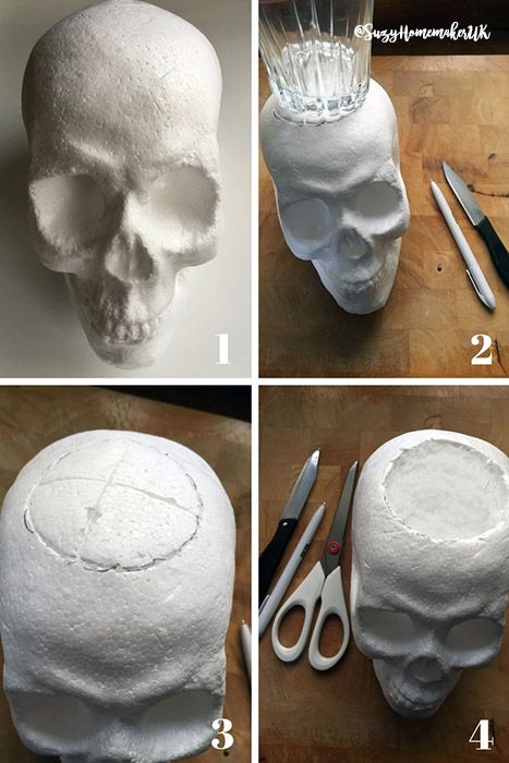 Skull Decor Diy, Skull Vase, Sugar Skull Crafts, Diy Skulls, Skull Sculpture, Skull Crafts, Easter Decorations Diy Easy, Skull Decor, Theme Halloween