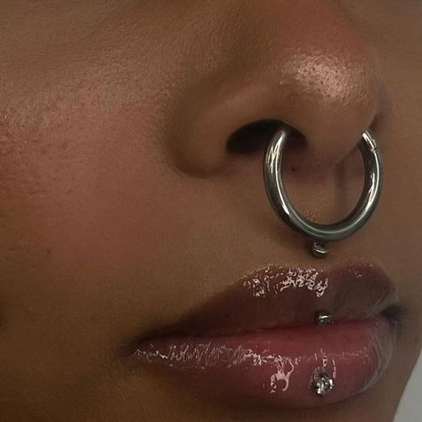 xi 🧿 on Instagram: "My largest gauge septum yet on the iconic @misss.venom 8 gauge septum piercing with a clicker. Peep the healed cheeks with white Opal discs plus a brand new jestrum by yours truly with white CZ ends. You are bringing me to new heights by letting me pierce you so many times & to push the boundaries of what body modification can be. Thank you. Love you. . . . . . . . . #septum #septumpiercing #bigseptum #biggauge #gauged #8gauge #jewelry #symmetry #piercedbyxi #pierced #piercings #opal #jestrum #jestrumpiercing #verticallabret #verticallabretpiercing #titanium #ashley #ashleypiercing #cheeks #cheekpiercings #dimplepiercings #piercinginspiration #piercinginspo #bodymods #bodymodified #brooklyn #nyctattoo #nyc" Gauged Septum Piercing, 8 Gauge Septum, Chunky Piercings, Ashley Piercing Aesthetic, Septum And Vertical Labret, Vertical Philtrum Piercing, Anti Brow Piercing, Ashley Lip Piercing, Gauged Septum