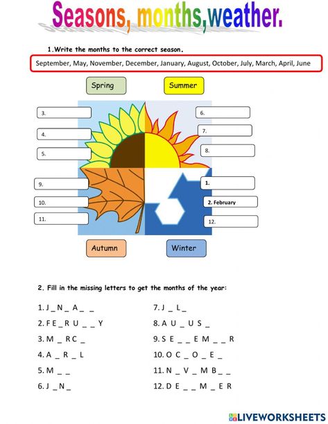 Months And Seasons, Ivan Cruz, Seasons Worksheets, French Worksheets, Teach English, Days And Months, Seasons Of The Year, School Subjects, Online Workouts