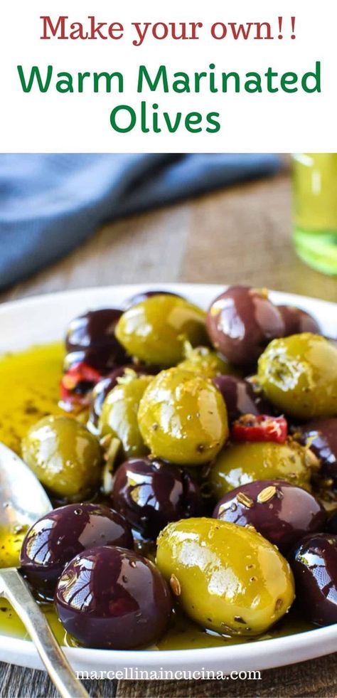 Marinated Warm Olives Recipe Spicy Marinated Olives Recipe, Spicy Marinated Olives, Spicy Olives, Warm Olives, Olive Salad Recipe, Easy Make Ahead Appetizers, Roasted Olives, Olive Bar, Rosemary Recipes