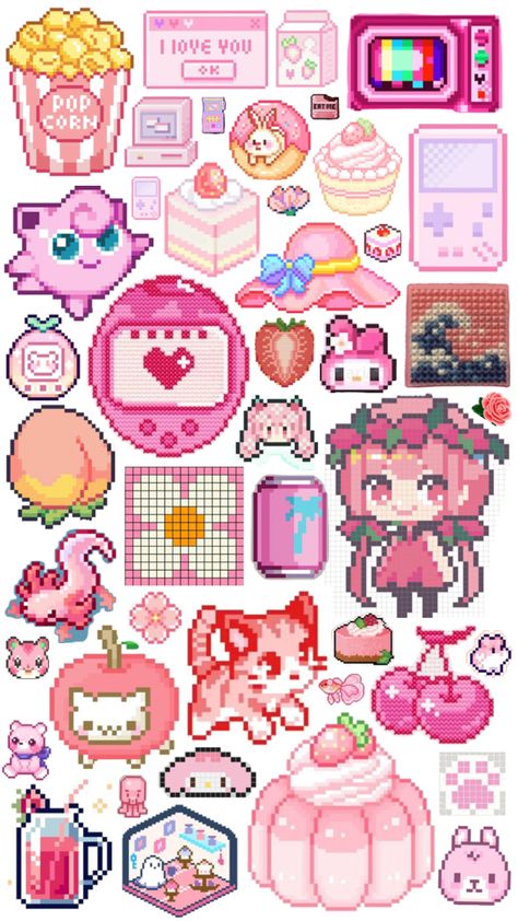 Kawaii Perler Bead Patterns, Hama Beads Kawaii, Pixel Stickers, Blue Butterfly Tattoo, Geeky Craft, Hello Kitty Printables, Easy Perler Beads Ideas, Patchwork Heart, Easy Pixel Art