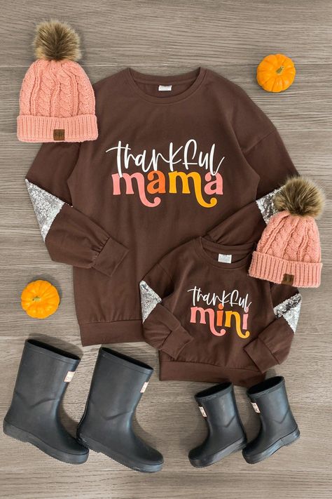 Mom & Me - Thankful Mama & Mini Sequin Top - Sparkle in Pink Thankful Mama Shirt, Fall Outings, Mom And Me Shirts, Mommy Daughter Outfits, Thankful Mama, Mom Fall, Sparkle In Pink, Top Reads, Bleached Shirt