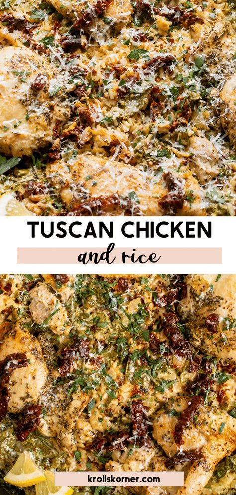 Tuscan Chicken and Rice Skillet made with juicy chicken thighs, rice, sun-dried tomatoes, fresh spinach, lemon, and Parmesan cheese. Tuscan Chicken And Rice, Chicken Thighs Rice, Chicken Thigh And Rice Recipe, Chicken Thigh Casserole, Chicken And Rice Skillet, Skillet Chicken Thighs, Meat Ideas, Juicy Chicken Thighs, Chicken Rice Bake