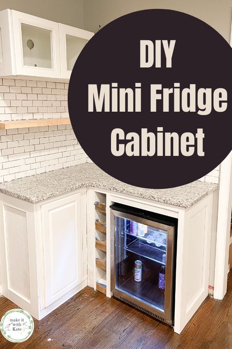 DIY Mini Fridge Cabinet: Corner Coffee and Wine Bar - Make it with Kate Mini Fridge Furniture, Diy Corner Bar With Mini Fridge, Corner Wine Fridge Cabinet, Corner Bar Cabinet With Wine Fridge, Coffee Corner With Fridge, Beverage Fridge Cabinet Diy, Mini Fridge Pantry, Mini Fridge In Dining Room, Beverage Fridge In Basement