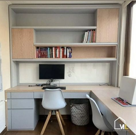 L Shape Study Table Design Modern, Corner Desk Bookshelf Combo, L Study Table, L Shaped Study Table, Corner Table Designs, Studio In Casa, Home Office Layouts, Home Library Rooms, Study Table Designs